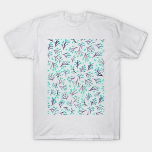 Watercolor winter flowers - indigo and aqua T-Shirt